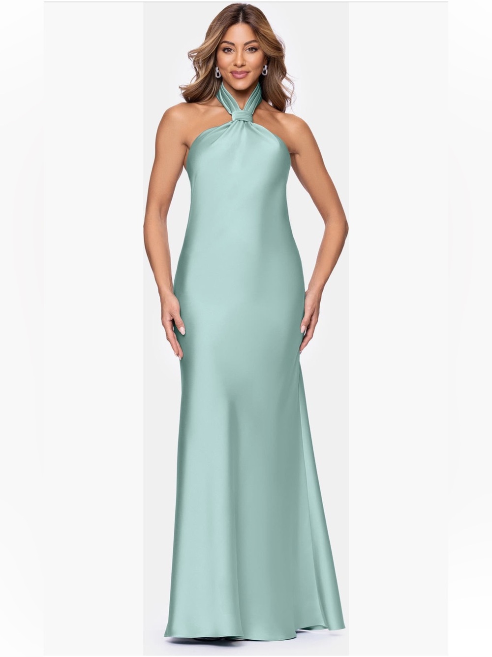 Betsy & Adam Satin Halter Maxi Formal Dress Size 8 Teal‎ Sage NWOT